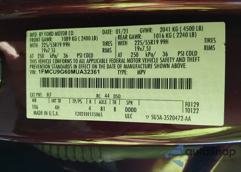 2021 Ford Escape Se z USA, uszkodzony, nr VIN 1FMCU9G60MUA32361